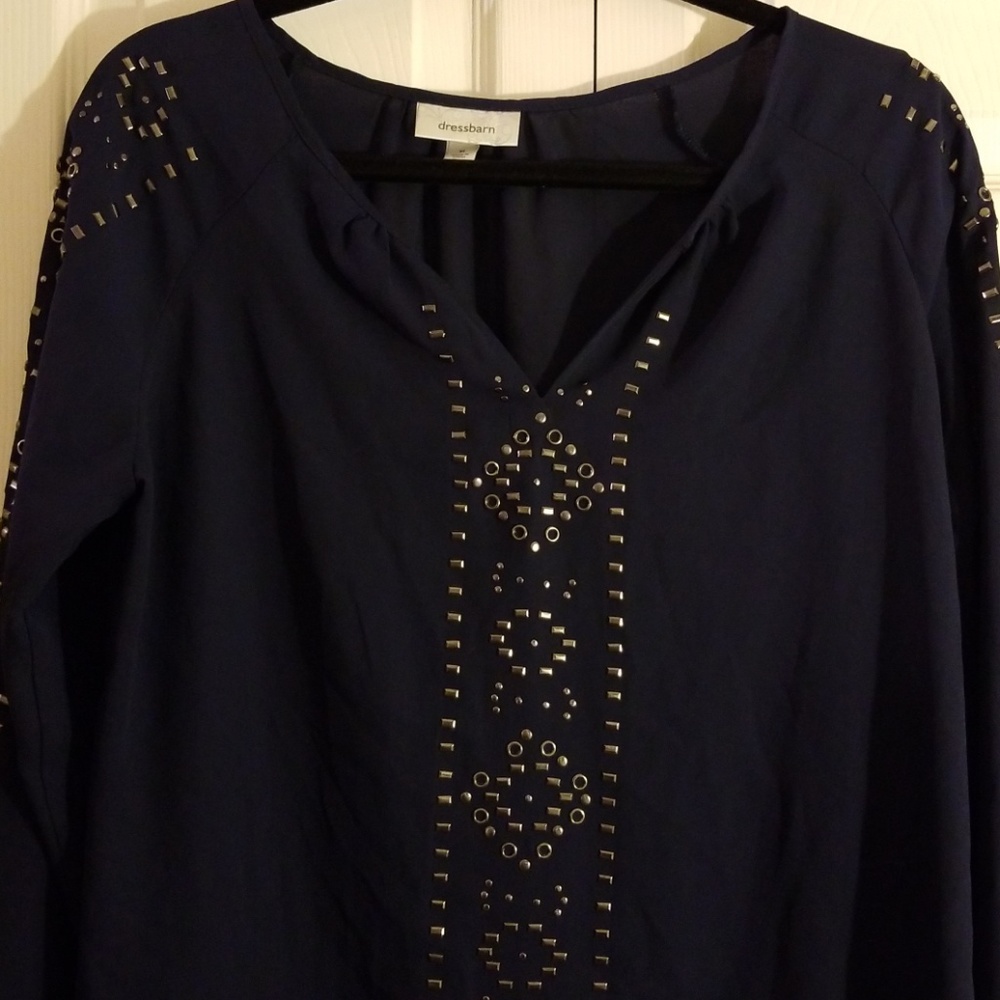 Navy blue Bohemian blouse, Dress Barn sz M studs